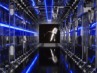 Futuristic KTV Interior With Blue Lighting Metallic Structures And Astronaut Image At The End 3d model