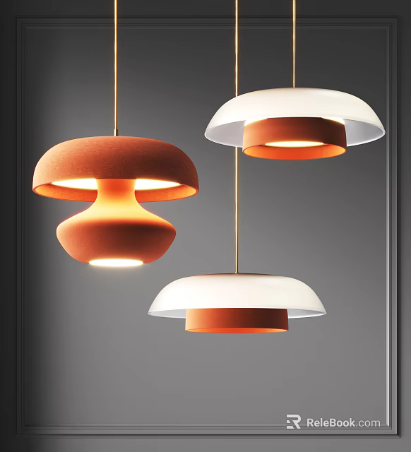 Modern Orange and White Dome Shaped Pendant Lights with Warm Illumination Hanging Indoor 3d model 