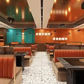 Modern Hotpot Restaurant Interior With Orange Blue Walls Comfortable Seats And Stylish Pendant Lights
