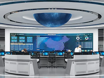 Modern Control Room With Multiple Monitoring Screens Control Desks China Map Display And Working Staff 3d model