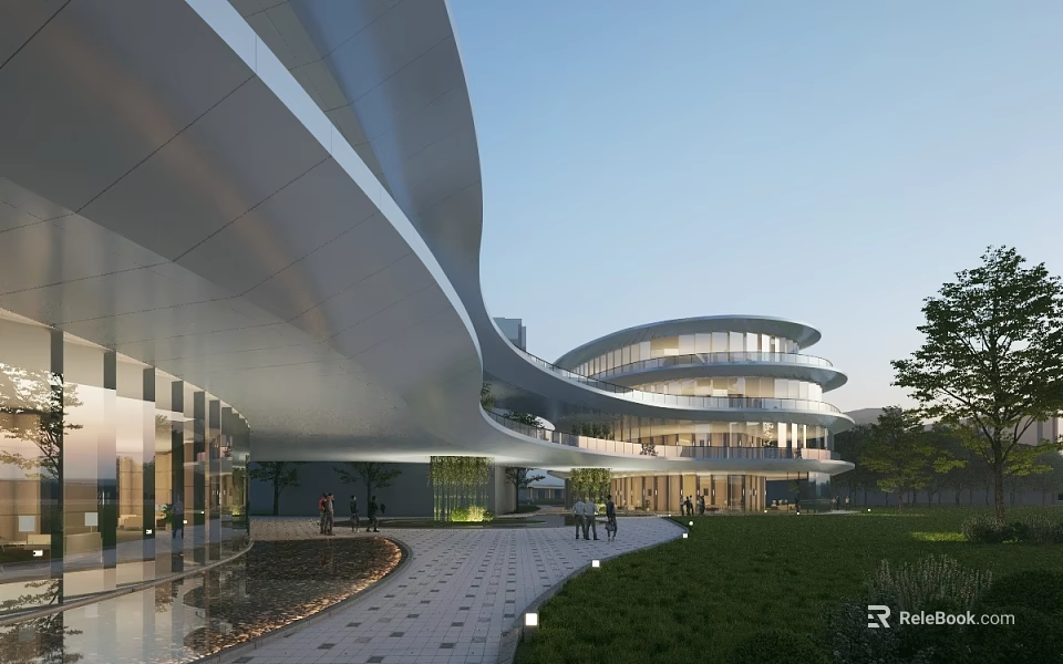 Contemporary Hotel Building With Curved Design Glass Facade Green Lawn And Walkway 3d model 