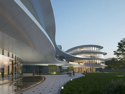 Contemporary Hotel Building With Curved Design Glass Facade Green Lawn And Walkway 3d model