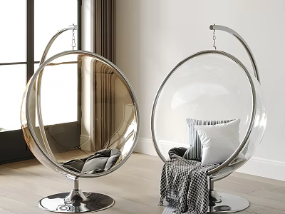 Modern Transparent Spherical Hanging Chairs With Chrome Base And Pillows Blanket In Indoor Space 3d model