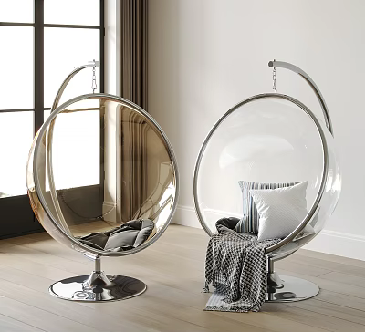 Modern Transparent Spherical Hanging Chairs With Chrome Base And Pillows Blanket In Indoor Space 3d model