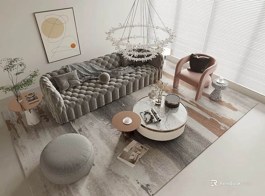 Modern Grey Velvet Sofa and Round Coffee Table Set with Area Rug and Chandelier 3d model 