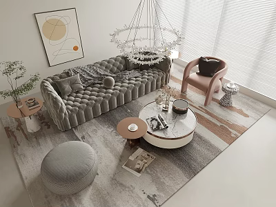Modern Grey Velvet Sofa and Round Coffee Table Set with Area Rug and Chandelier 3d model