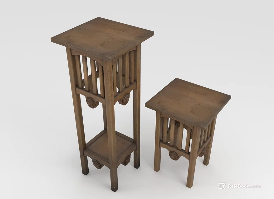 Wooden Tall And Short Furniture Pieces With Square Top And Carved Design Details 3d model 
