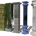 Various Roman Columns With Diverse Designs Stone Brick Mosaic And Ivy Decor