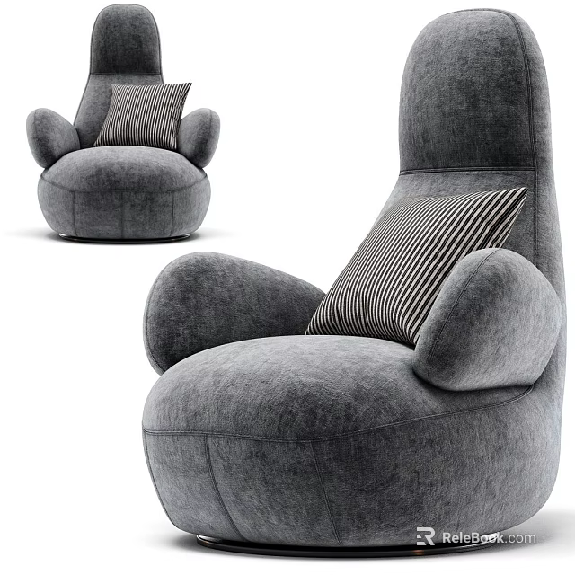 Modern Gray Fabric Single Sofa With Rounded Design And Striped Pillow 3d model 