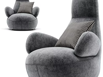 Modern Gray Fabric Single Sofa With Rounded Design And Striped Pillow 3d model