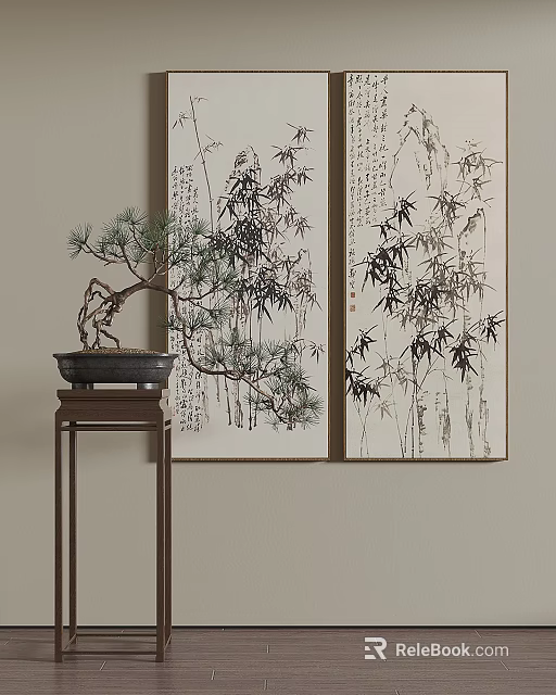 Chinese Bamboo Plant Paintings With Bonsai Pine In Interior Decor 3d model 