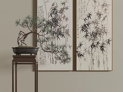 Chinese Bamboo Plant Paintings With Bonsai Pine In Interior Decor 3d model