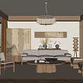 Japanese Style Living Room Interior With Wooden Furniture Shoji Screen And Pendant Light