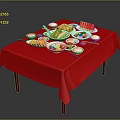 Dining Table With Red Tablecloth And Various Dishes Bowls On Top
