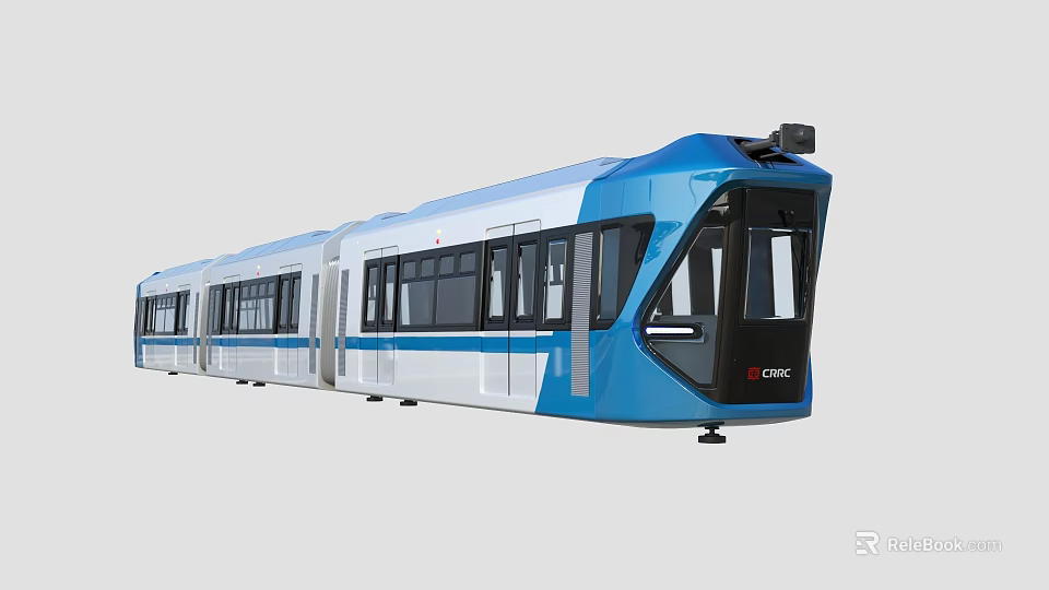 Modern Light Rail Tram With Blue And White Exterior Design 3d model 