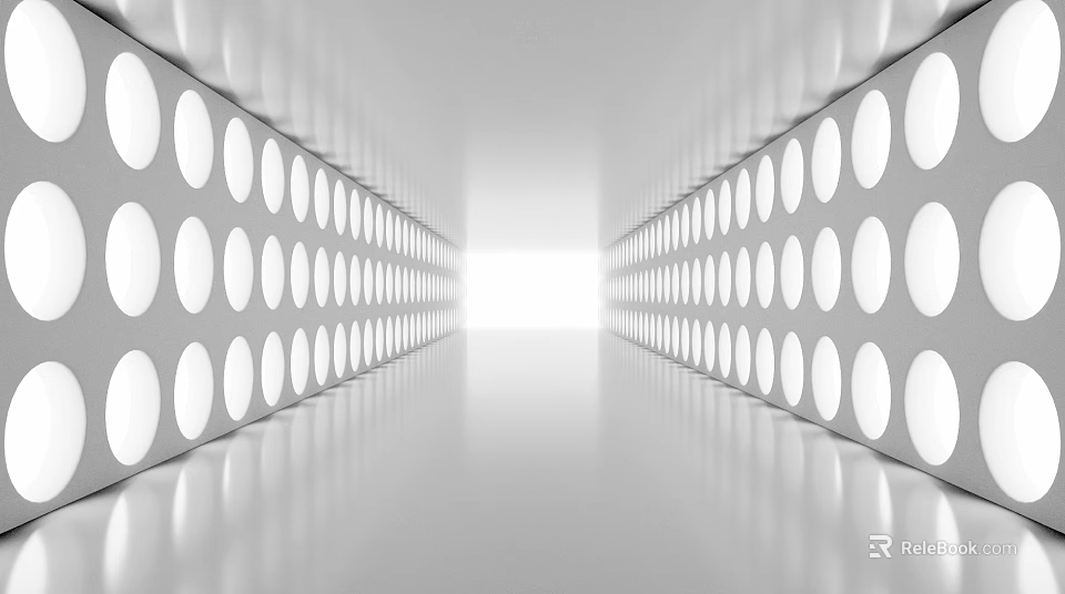 Elevator Hallway With Circular Lights On White Walls Bright Modern Interior Design And Reflective Floor 3d model 
