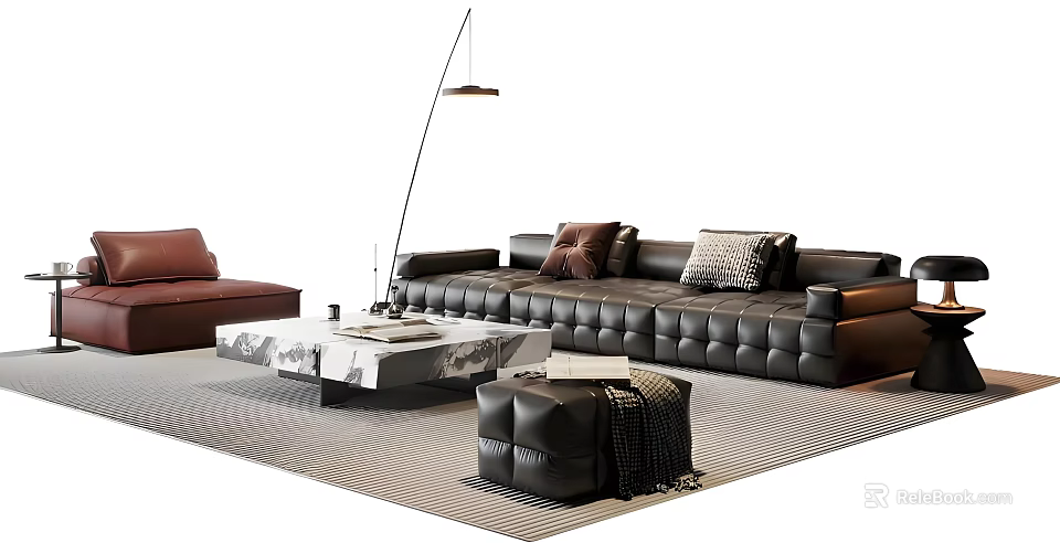 Elegant Leather Sofa and Marble Coffee Table Set with Cushions Brown Armchair and Floor Lamp 3d model 