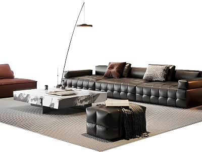 Elegant Leather Sofa and Marble Coffee Table Set with Cushions Brown Armchair and Floor Lamp 3d model