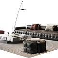Elegant Leather Sofa and Marble Coffee Table Set with Cushions Brown Armchair and Floor Lamp