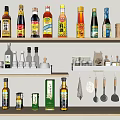 Condiment Bottles with Various Colored Labels on Wooden Shelves and Kitchen Utensils Hanging Nearby