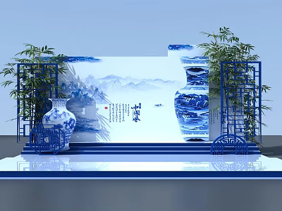 Traditional Chinese Blue And White Porcelain Stage With Landscape Painting And Bamboo Plants 3d model
