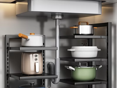 Modern Kitchen Shelves With Green White And Stainless Steel Cooking Pots And Kitchenware 3d model