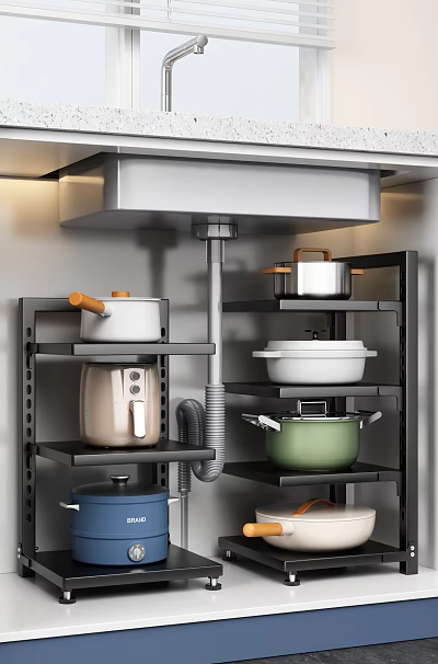 Modern Kitchen Shelves With Green White And Stainless Steel Cooking Pots And Kitchenware 3d model