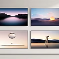 Four Wall Mounted Televisions Displaying Different Natural Scenery Including Lake Sunset Droplet And Desert