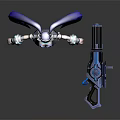 Futuristic Game Character With Blue Long Hair Headphones Black Outfit And Mechanical Weapon