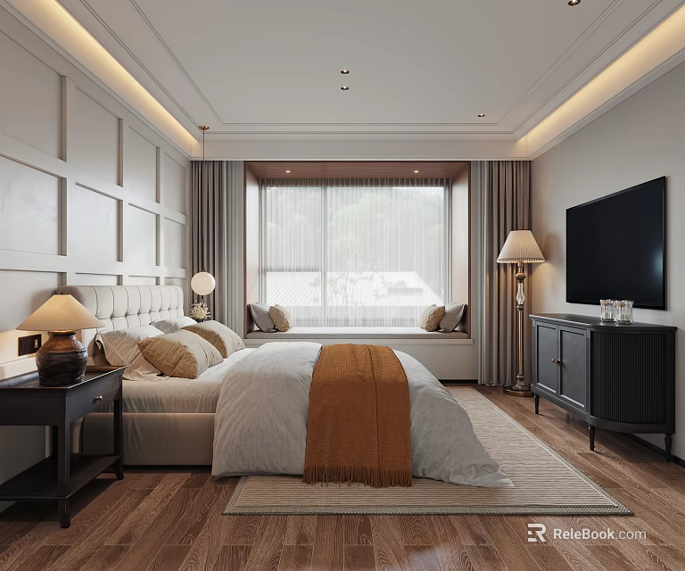 Modern Bedroom Interior With Bed Wall Paneling TV Stand Wooden Floor And Table Lamp 3d model 