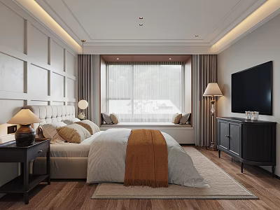 Modern Bedroom Interior With Bed Wall Paneling TV Stand Wooden Floor And Table Lamp 3d model