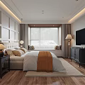 Modern Bedroom Interior With Bed Wall Paneling TV Stand Wooden Floor And Table Lamp