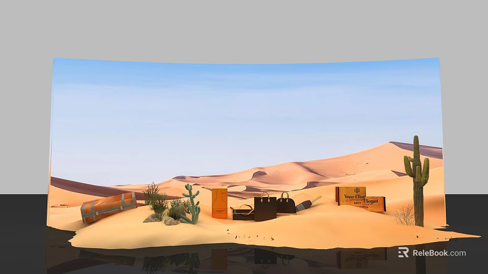 Desert Photo Spot with Sand Dunes Cactus Abandoned Truck Crates and Water Reflection 3d model 