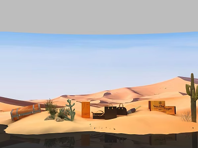 Desert Photo Spot with Sand Dunes Cactus Abandoned Truck Crates and Water Reflection 3d model