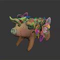 Decorative Pink Pig Figurine Adorned With Purple Flowers And Green Leaves