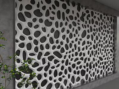 Modern Background Wall With Black White Circular Patterns And Green Plants 3d model