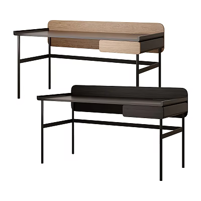 Modern Minimalist Desk Design With Wooden Top And Black Metal Frame 3d model