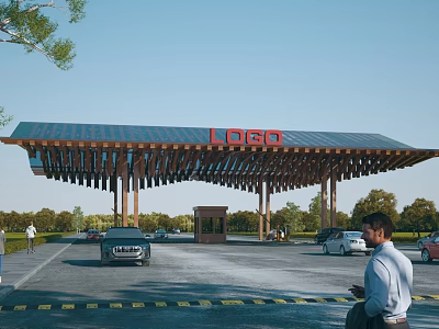 Modern Entrance Gate Featuring Wooden Roof Red LOGO Vehicles Passing And Trees Around 3d model