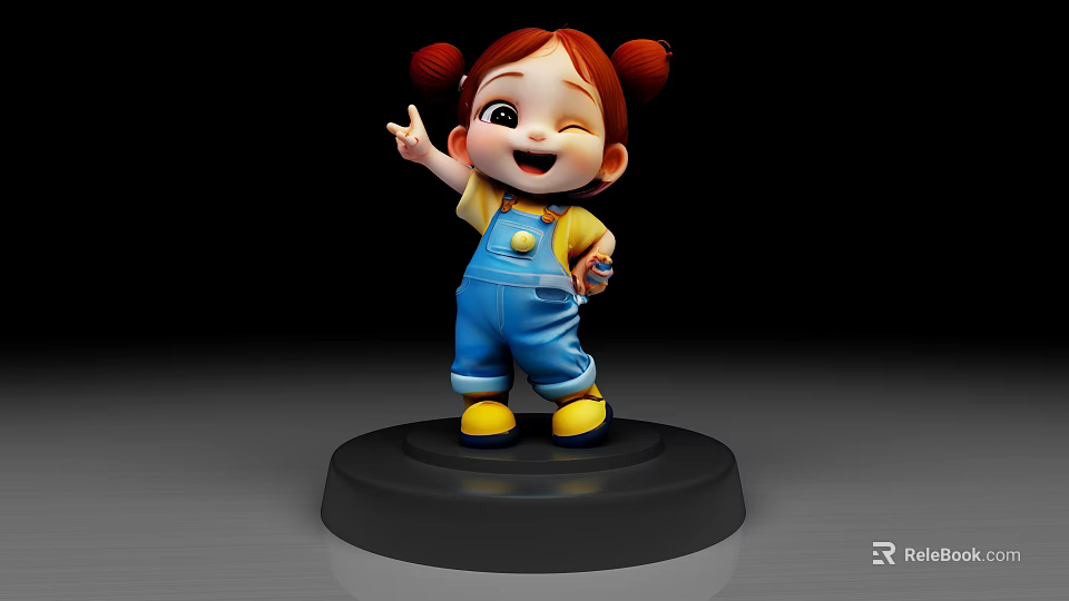 Adorable Red Pigtail Doll Figure With Yellow Top Blue Overalls Yellow Shoes On Black Base 3d model 