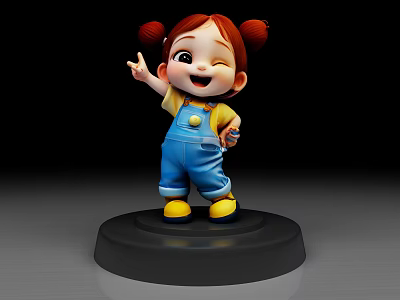 Adorable Red Pigtail Doll Figure With Yellow Top Blue Overalls Yellow Shoes On Black Base 3d model