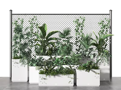 Potted Plants With Various Green Leaves In White Planters And Metal Mesh Fence 3d model