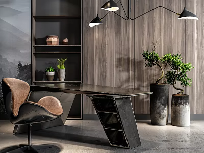 Modern Office Desk With Chair Hanging Lamp Shelf And Green Plant On Wooden Wall 3d model