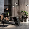 Modern Office Desk With Chair Hanging Lamp Shelf And Green Plant On Wooden Wall