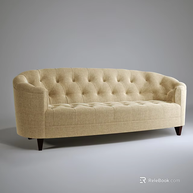 Beige Multi Seater Sofa With Button Tufted Design And Dark Wood Legs 3d model
