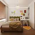 Cozy Bedroom Interior With Wooden Blinds Desk Laptop Table Lamp White Chair And Orange Blanket