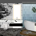 Luxurious Bathroom Interior With Marble Walls Blue Striped Tile Freestanding Bathtub And Vanity