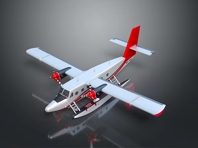 White And Red Twin Engine Seaplane With Floats Against Dark Background 3d model