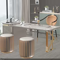 Modern Tea Table and Chairs with Marble Tabletop Golden Legs Two Round Stools by Window 3d model