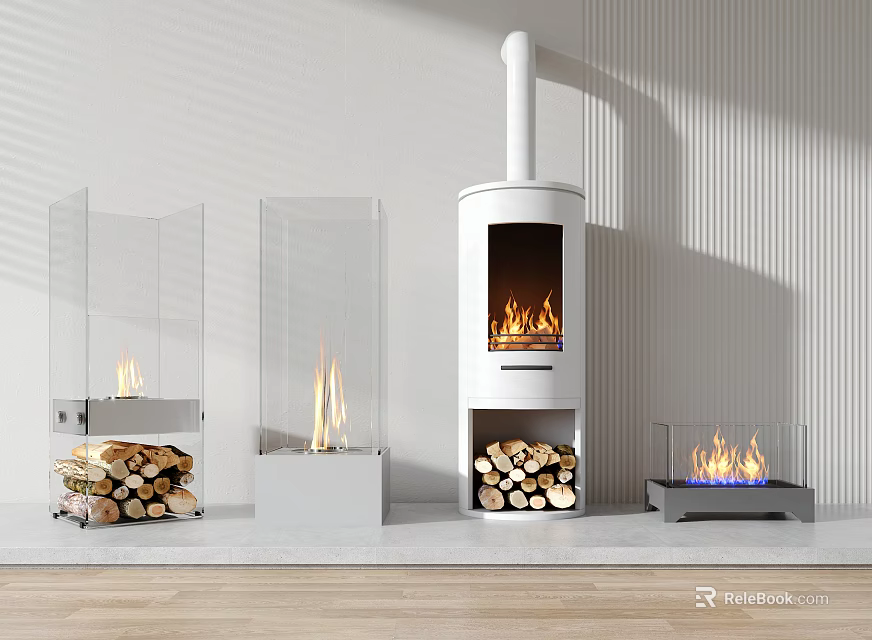 Various Modern Fireplace Designs With Glass Panels And Stacked Firewood In Minimalist Interior 3d model 