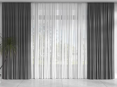 Gray Thick Curtains with White Sheer Panels for Sunlit Window Green View and Potted Plant 3d model